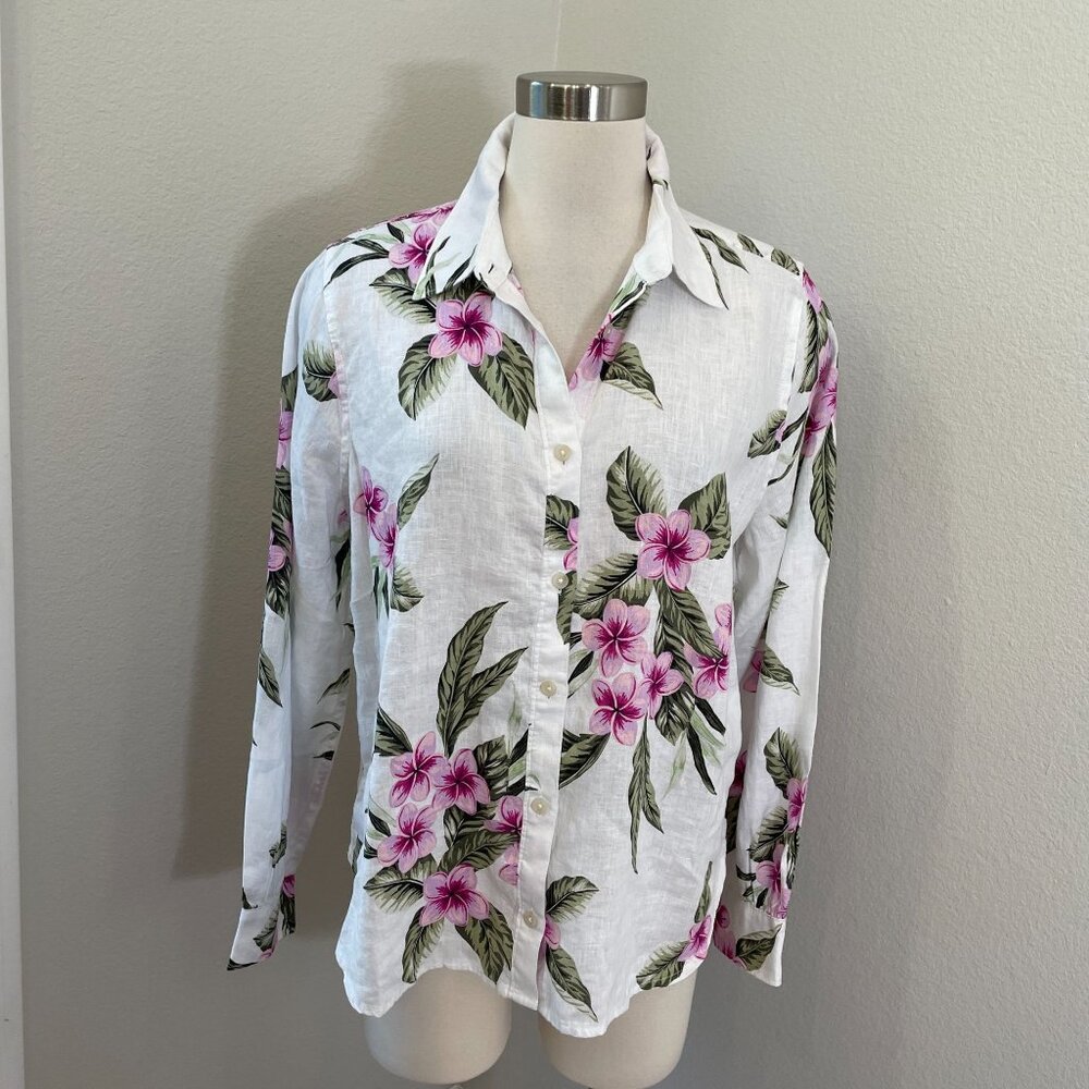 Lands End‎ Womens Medium Floral Button Up 100% Linen Shirt Tropical